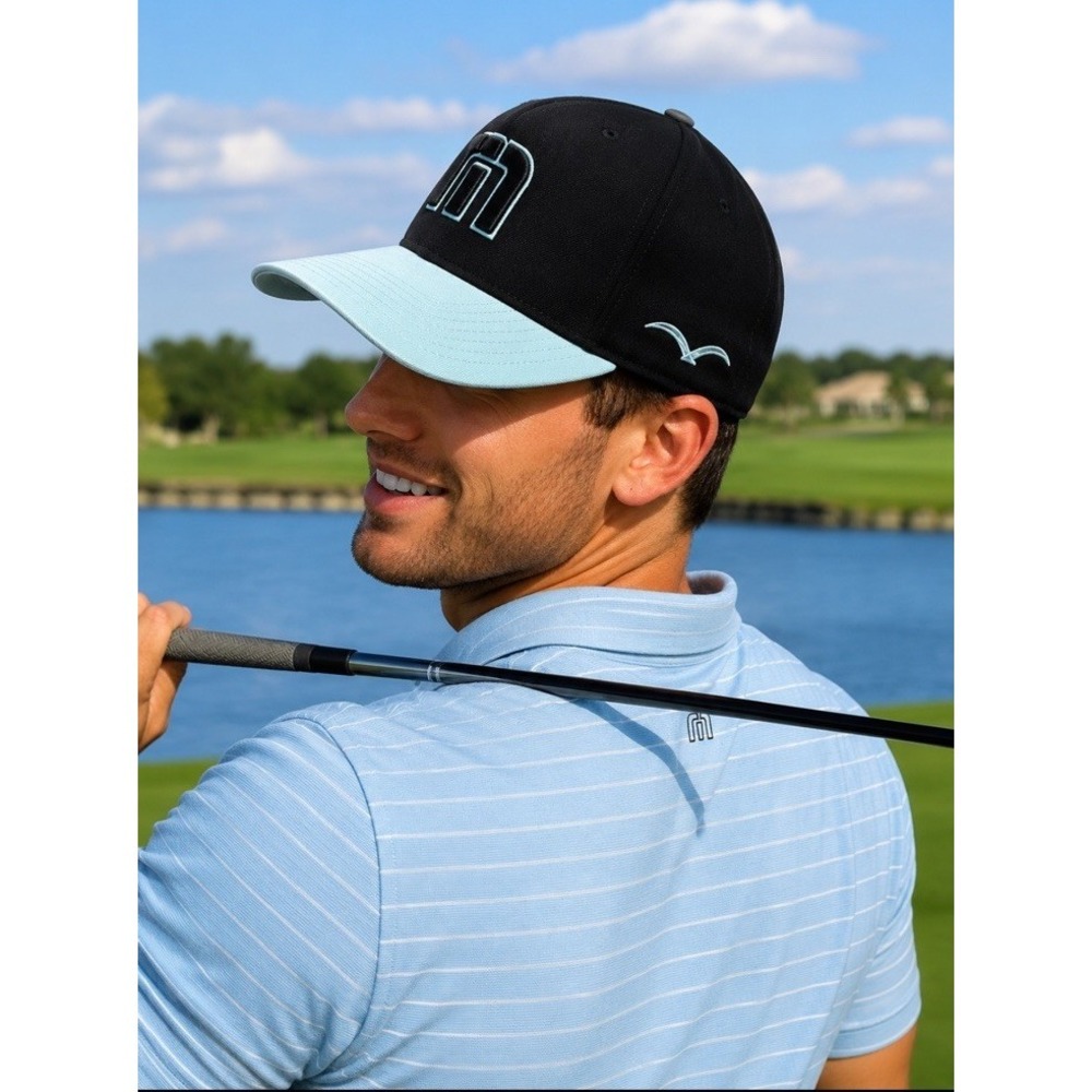 Travis Mathew FlexFit Hat Small/Medium Black/teal Golf 3D Embroidered Flex back‎